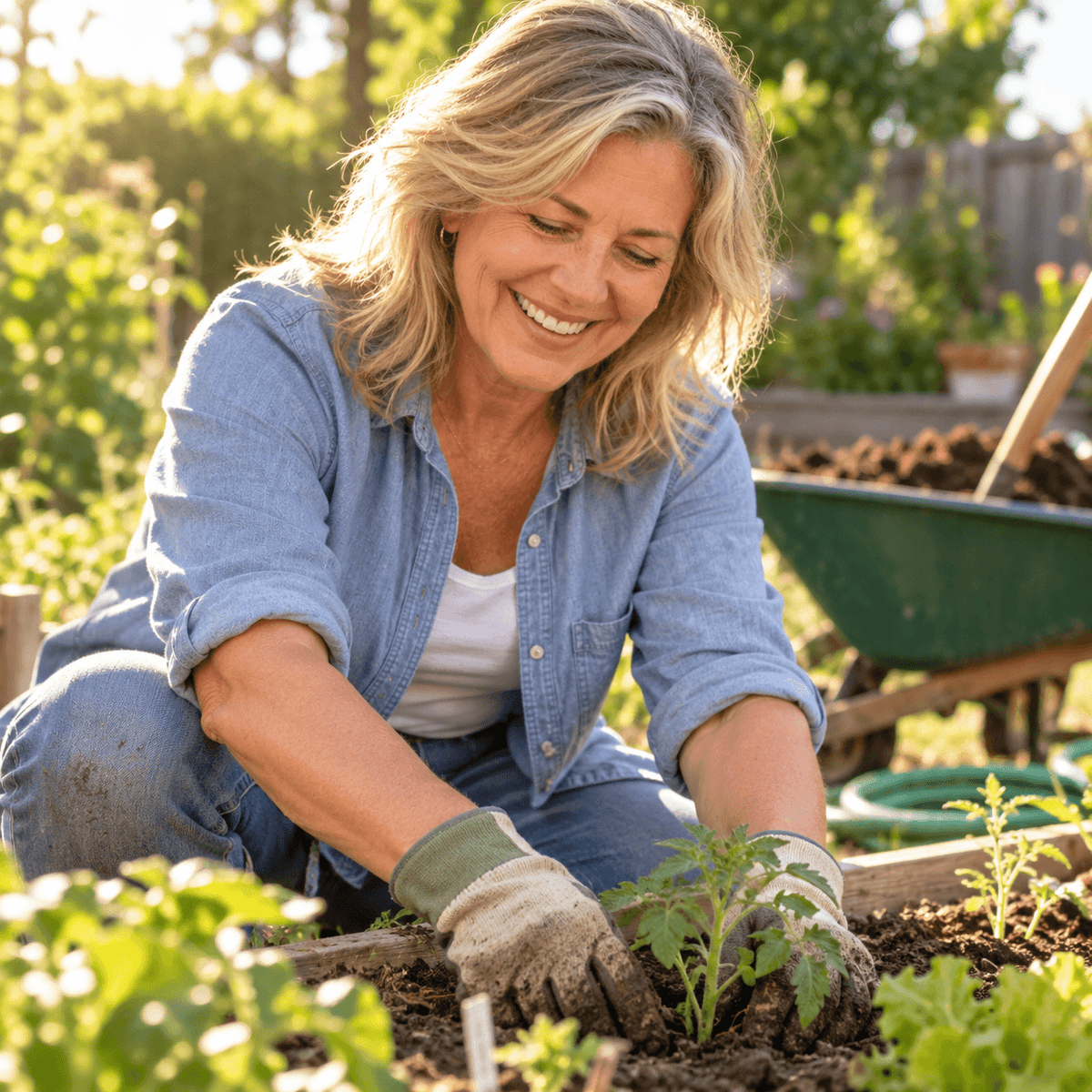 Diane kneeling in her garden, planting seedlings