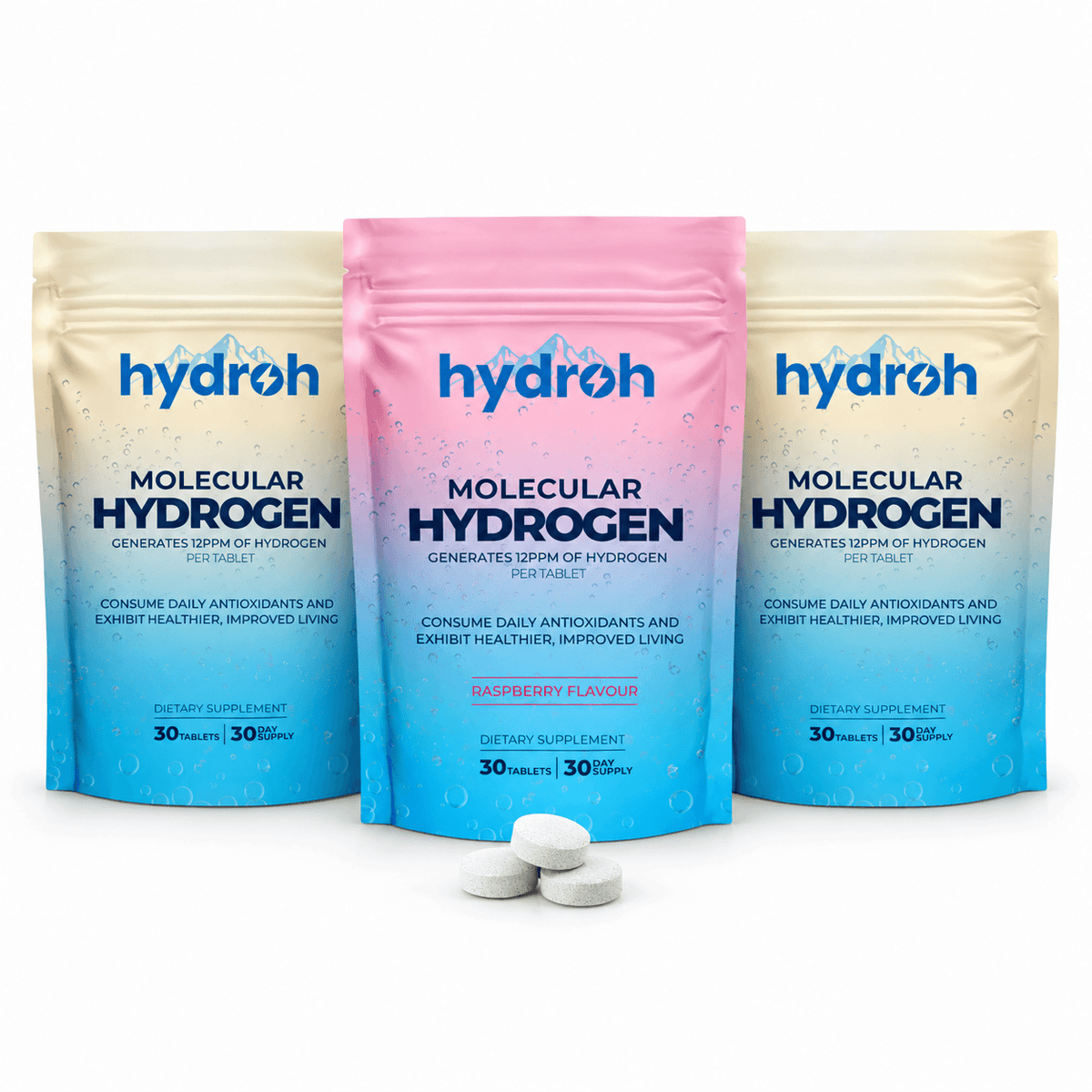 Three Hydroh hydrogen tablet pouches, two unflavored and one raspberry, with a few tablets in front
